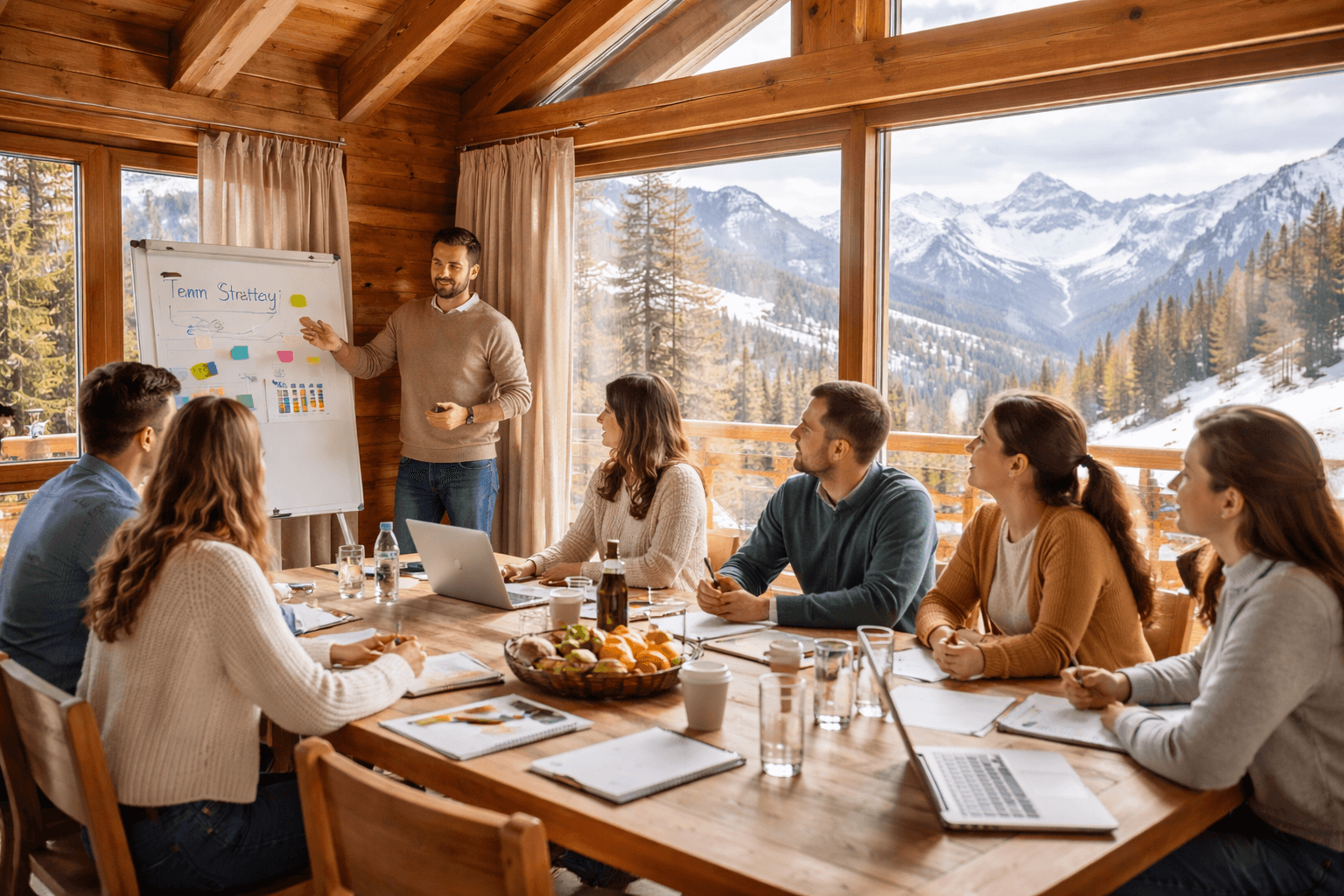 Séminaire d’entreprise en montagne avec équipe réunie dans un chalet face aux sommets